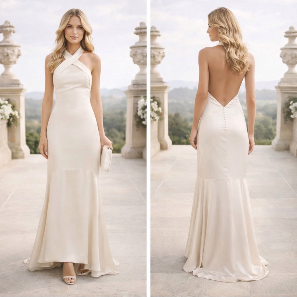Elliat Angie Maxi Gown Wedding Dress  Flared Satin Halter Open Button Back Large